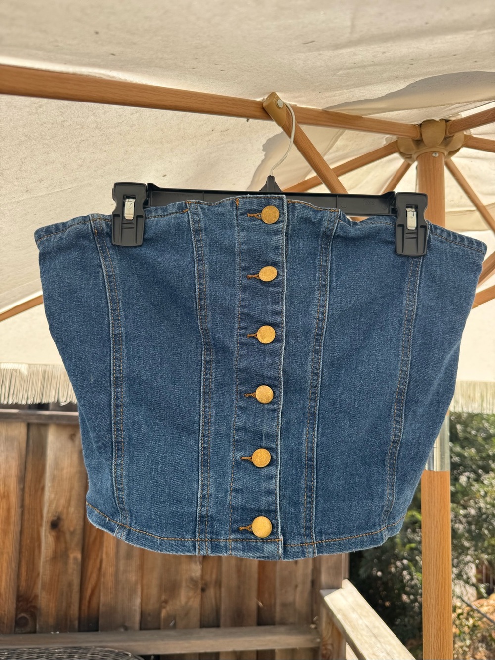 Button-Front Denim Strapless Crop Top